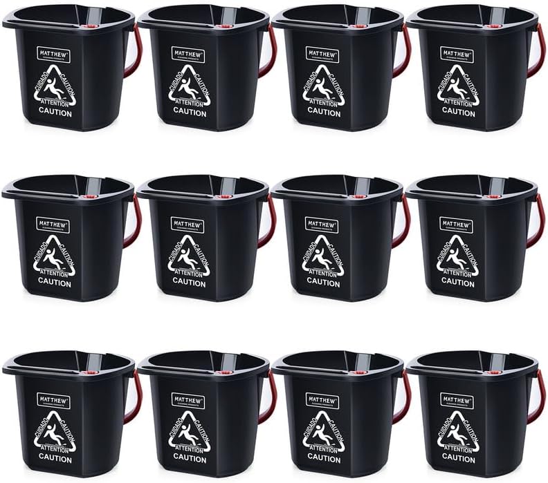 Matthew Cleaning 4.2 Gallon Mop Bucket, Heavy Duty Plastic Cleaning Bucket with Built-in Pour Spout, Mop Holder and Comfort Grip Handle, House and Commercial Cleaning Supplies, Case Pack 12 Pcs Black