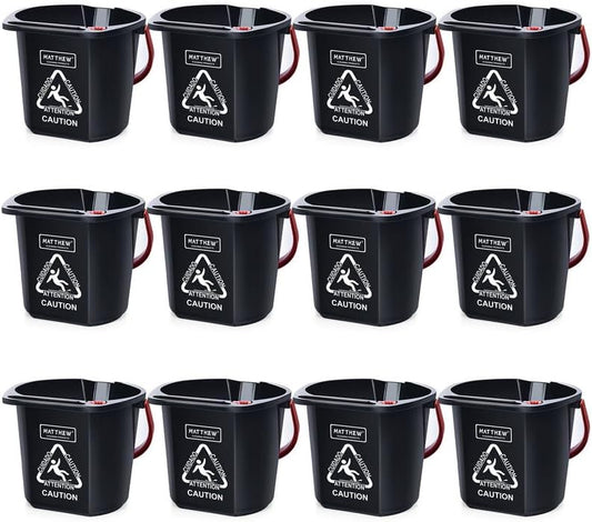 Matthew Cleaning 4.2 Gallon Mop Bucket, Heavy Duty Plastic Cleaning Bucket with Built-in Pour Spout, Mop Holder and Comfort Grip Handle, House and Commercial Cleaning Supplies, Case Pack 12 Pcs Black