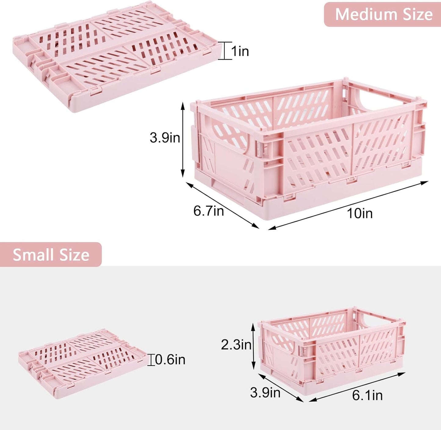 Plastic Baskets for Desk Organizing, Drawer Organizer, 2 Medium+2 Small Durable Folding Storage Crate for Home Kitchen Classroom Office Bedroom and Bathroom (Pink)