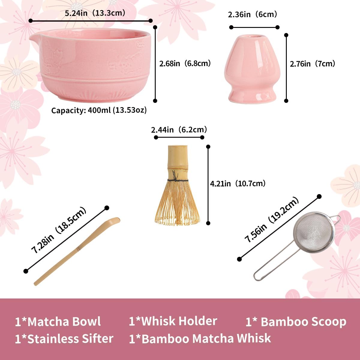 Matcha Tea Set, 5-Piece Ceramic Matcha Bowl & Whisk Kit with Cute Cat Pattern, Traditional Japanese Chawan, Scoop & Sifter, Perfect for Tea Ceremony, Gift for & Tea Lovers (pink)