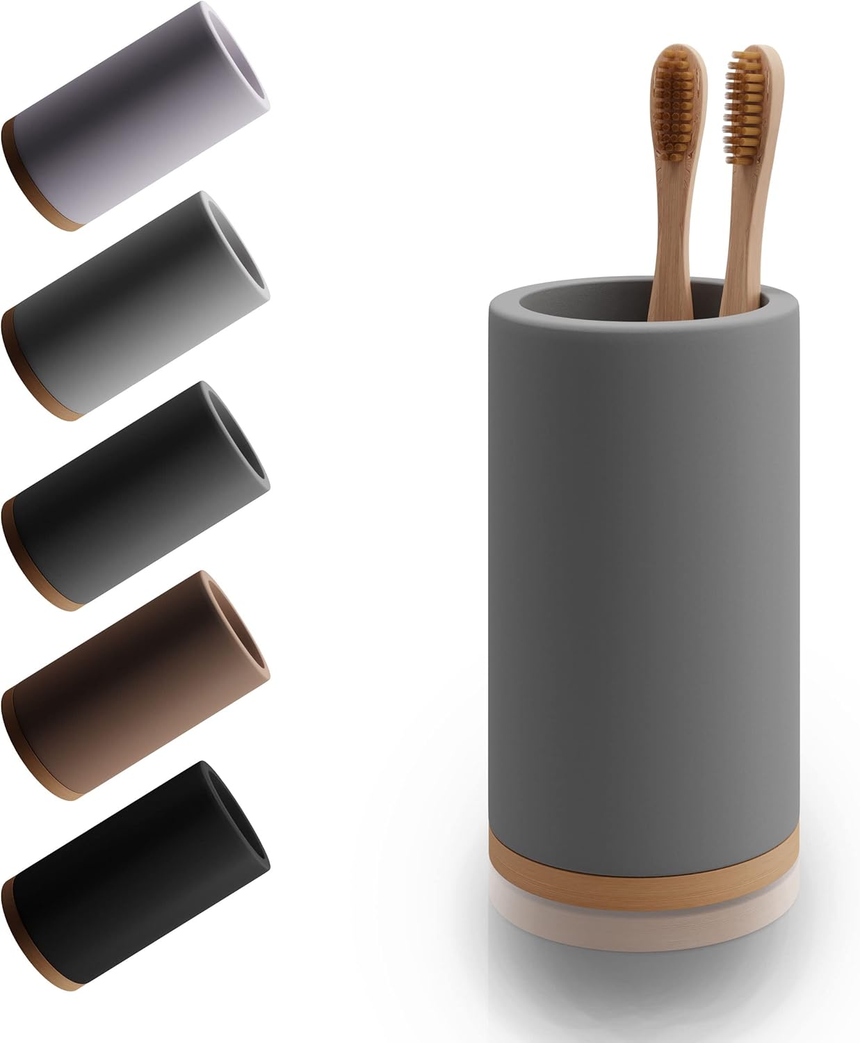 Matani Bamboo Toothbrush Holder Diatomite Tooth Brush Organizer - Storage Stand for Small Bathroom & Counter - Removable Base & Drain Holes, Water-Absorbent & Quick-Drying (Grey)