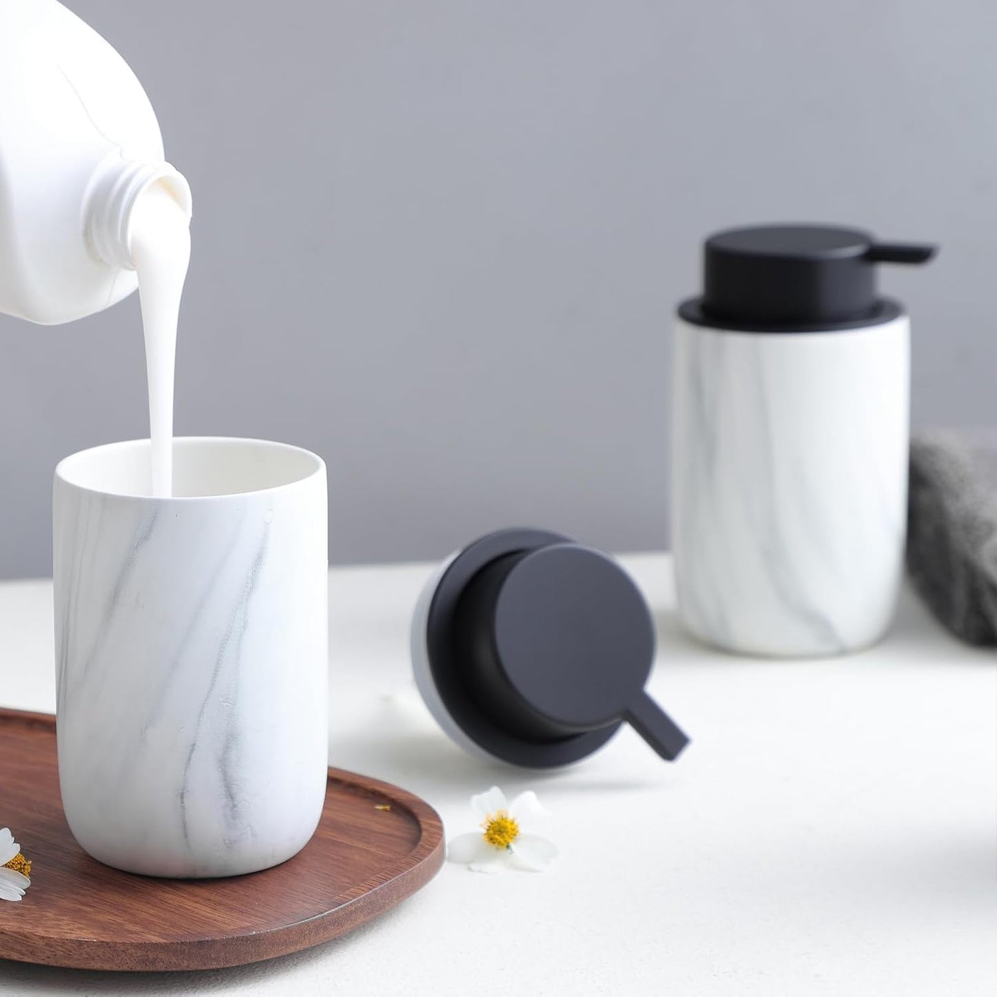 White Marble Soap Dispenser Set- Modern Ceramic Hand Soap Dispenser for Bathroom Liquid Soap for Farmhouse Kitchen Bathroom Decor 2 Pack