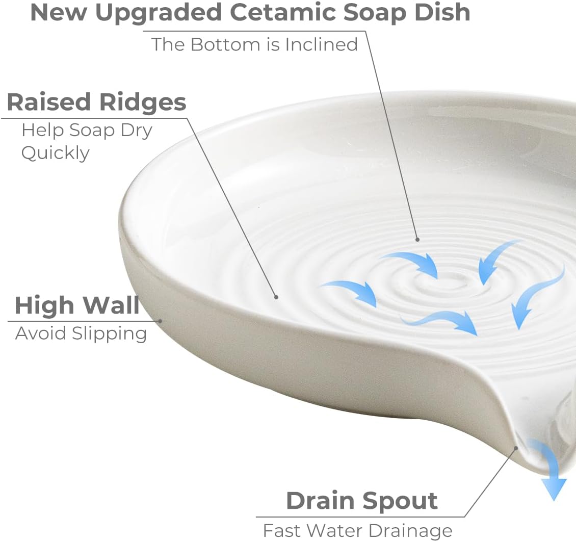 Self Draining Soap Dish, Ceramic Drain Soap Holder Waterfall Design Soap Saver for Shower, Bathroom, Sink, Kitchen and Countertop, Keeps Dry, White
