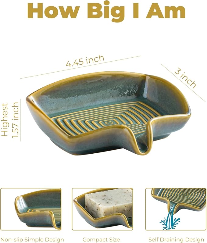 Self Draining Soap Dish, Ceramic Drain Soap Holder Waterfall Design Soap Saver for Shower, Bathroom, Sink, Kitchen and Countertop, Keeps Dry, Blue and Green