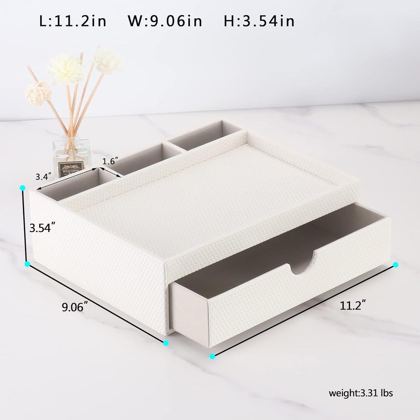 Leather Desk Organizer With Drawers, Home Cosmetics & Phone Remote Organizer, Drawer Plus Divider & Tray (white)