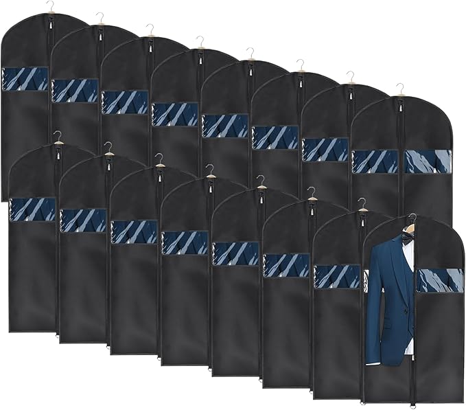Univivi 16 Pack Suit Garment Bag for Men, 40-Inch Suit Cover Bag Garment Bag for Multiple Suits for Closet Storage with Clear Window for Suit Jacket, Skirt, Shirt and Coat, Black, UN0755