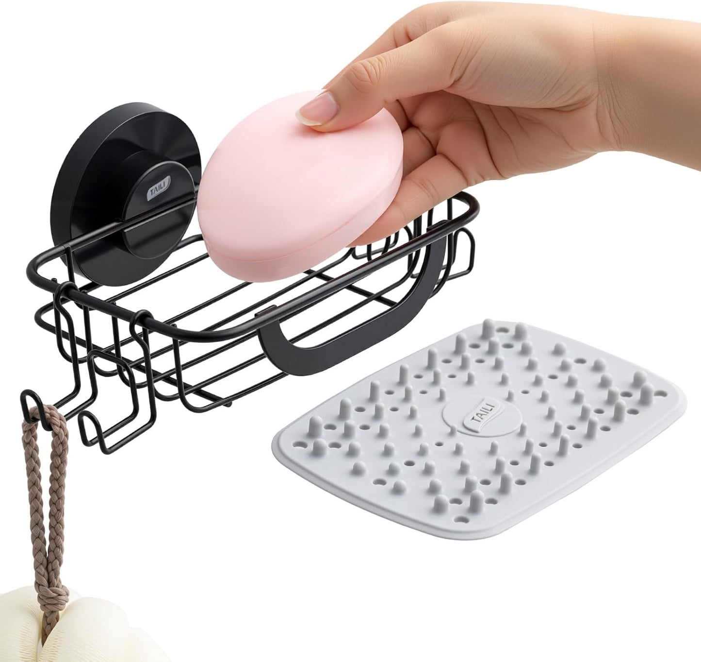 TAILI Bar Soap Holder Suction Cup with Hooks and Silicone Soap Saver Pad for Bath Shower Wall, Shampoo Caddy for Bathroom, Tub, Kitchen, Rustproof Stainless Steel Sponge Holder, Black