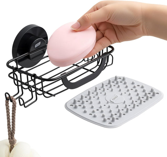TAILI Bar Soap Holder Suction Cup with Hooks and Silicone Soap Saver Pad for Bath Shower Wall, Shampoo Caddy for Bathroom, Tub, Kitchen, Rustproof Stainless Steel Sponge Holder, Black
