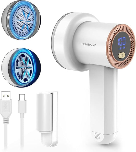 Fabric Shaver Fuzz Remover Rechargeable, HOMEASY Electric Lint Remover Shaver with 3 Blades & LED Digital Display, Sweater Couch Fabric Pill Shaver for Sweater, Couch, Furniture (White)