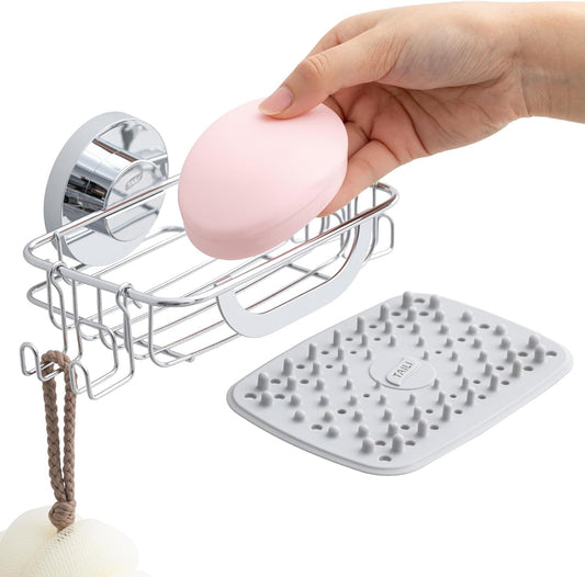 TAILI Bar Soap Holder Suction Cup with Hooks and Silicone Soap Saver Pad for Bath Shower Wall, Shampoo Caddy for Bathroom, Tub, Kitchen, Rustproof Stainless Steel Sponge Holder, Silver