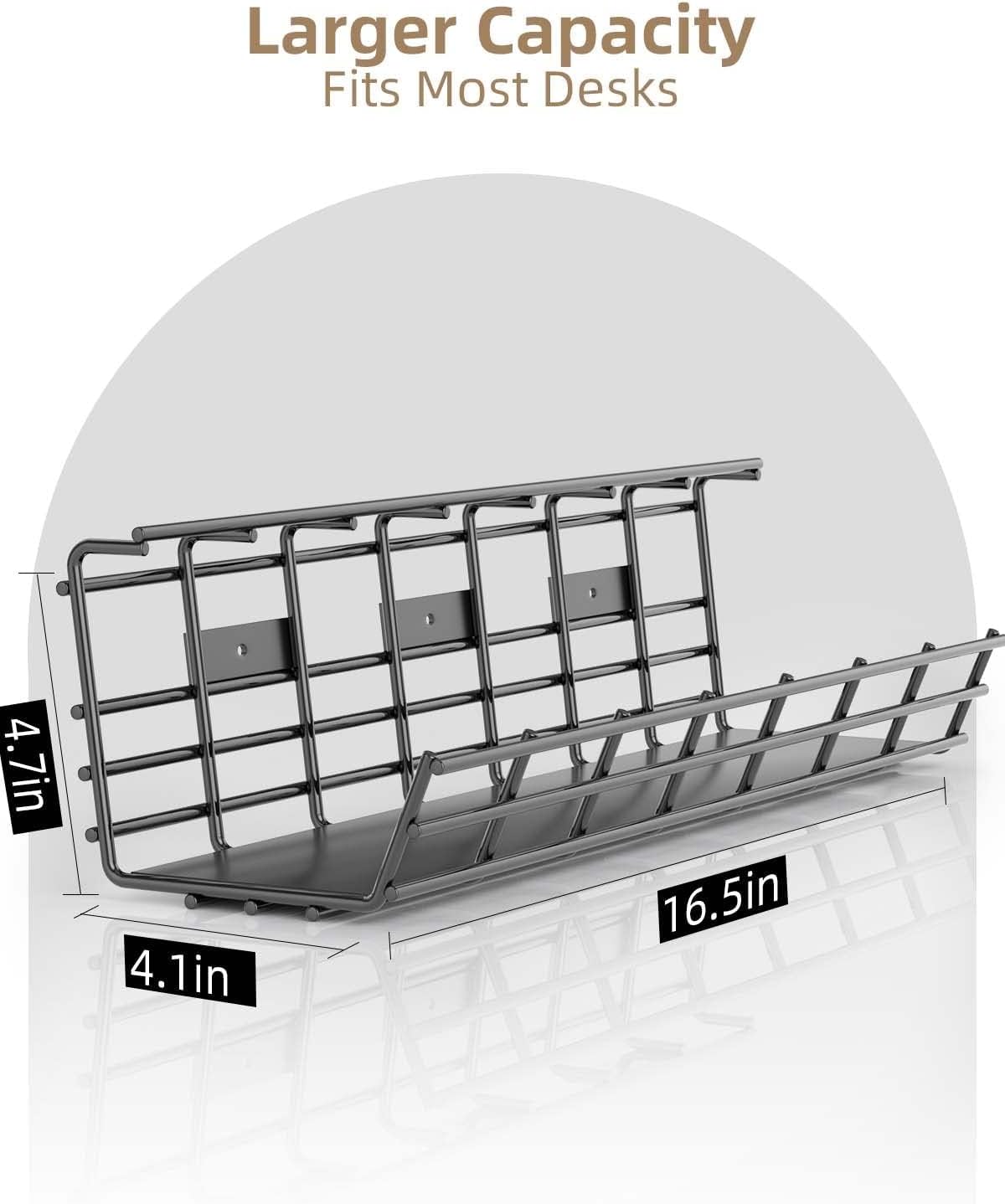 2 Pack DELAMU Under Desk Cable Management Tray, Large Metal Cord Organizer, Office & Home Cord Wire Management Under Desk Shelf, Easy Install Pre-drilled Cable Organizer, Black