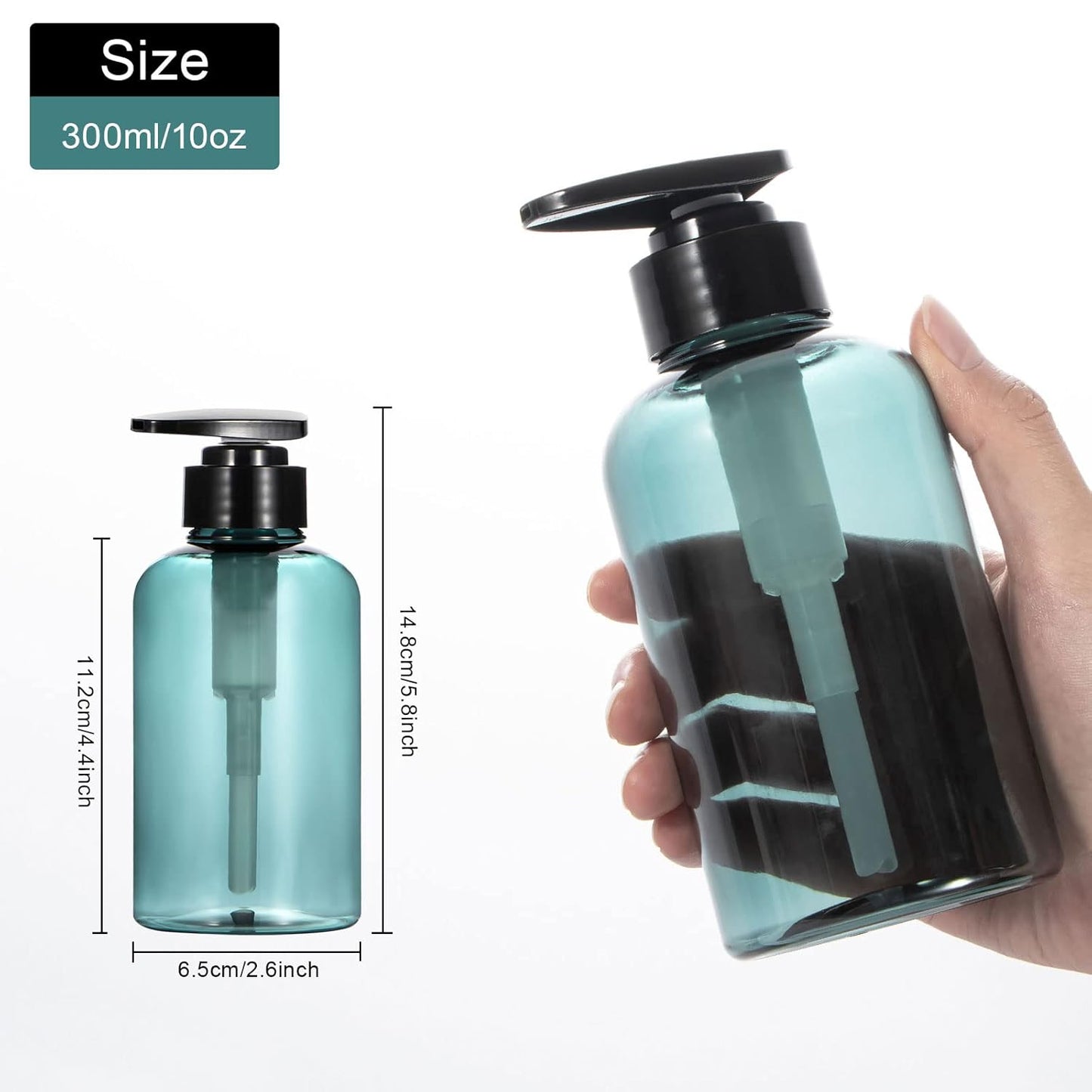Yebeauty Pump Bottle 10oz, 2 PCS Shampoo Bottles Dispenser with Pump Refillable Containers, 300ml,Clear Blue