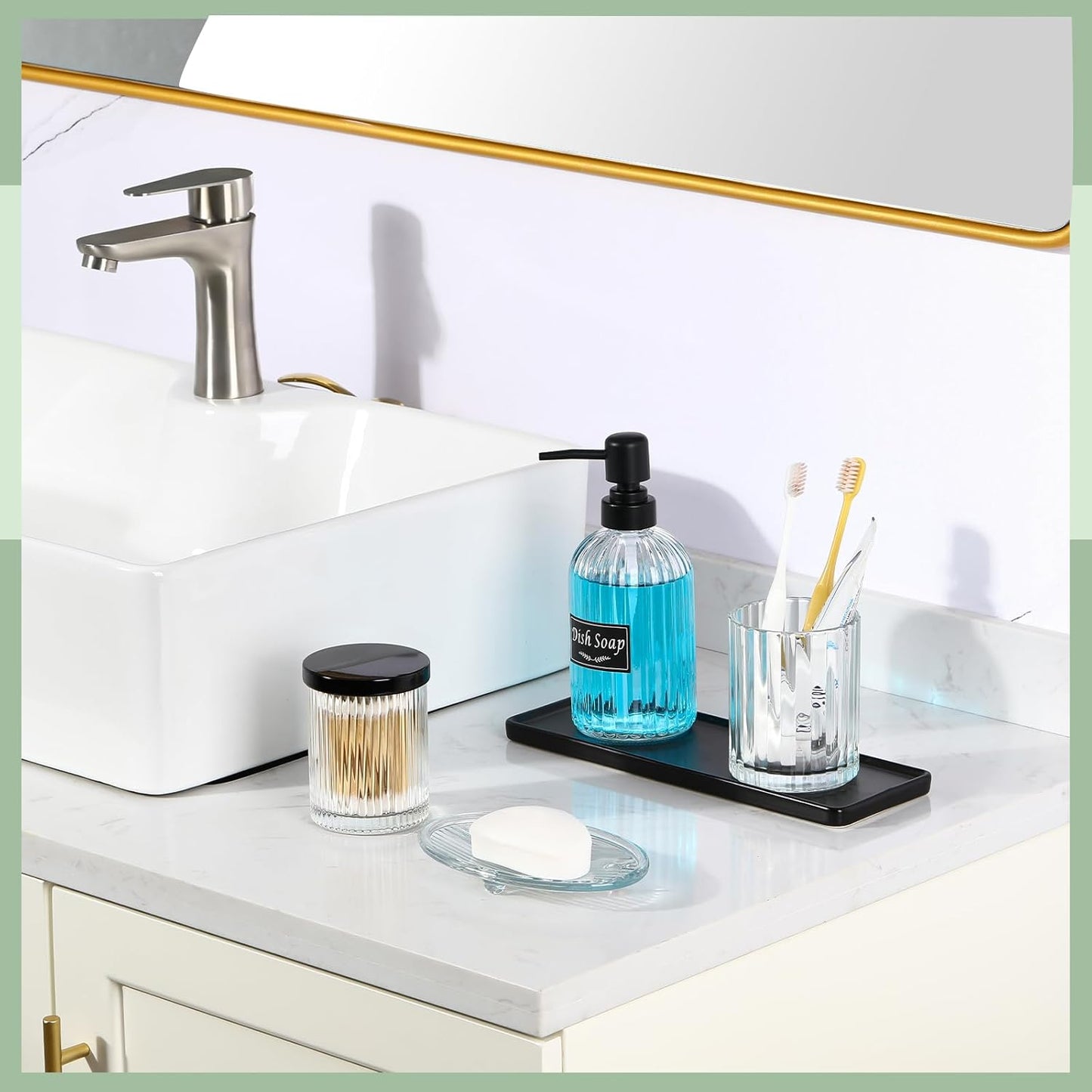 Shinowa Bathroom Accessories Set, 5 Pcs Clear Glass Bathroom Accessory Sets Complete with Soap Dispenser, Toothbrush Holder, Q-Tips Holder, Soap Dish, Ceramic Tray, Countertop Vanity Organizer