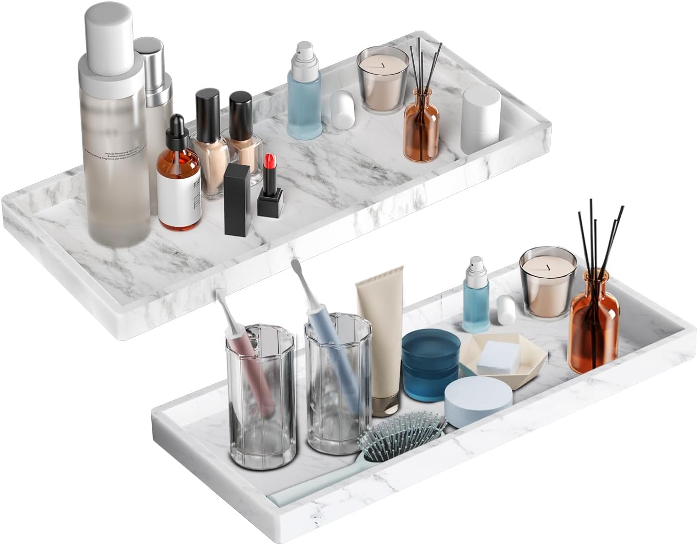 BBK Bathroom Vanity Tray 11.8 in- 2 Pack(Large) Silicone Bathroom Tray for Counter, Perfume Key Trinket Ring Tray, Decor Soap Dispenser Countertop Tray for Kitchen Sink Organization(Faux Marble Look)