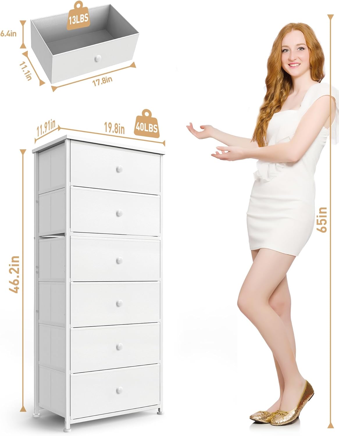 Tall Fabric Dresser for Bedroom, Vertical Storage Organizer Tower with 6 Drawers, Chest of Drawers with Bins, Steel Frame, Wood Top for Bedroom, Closet, Entryway White