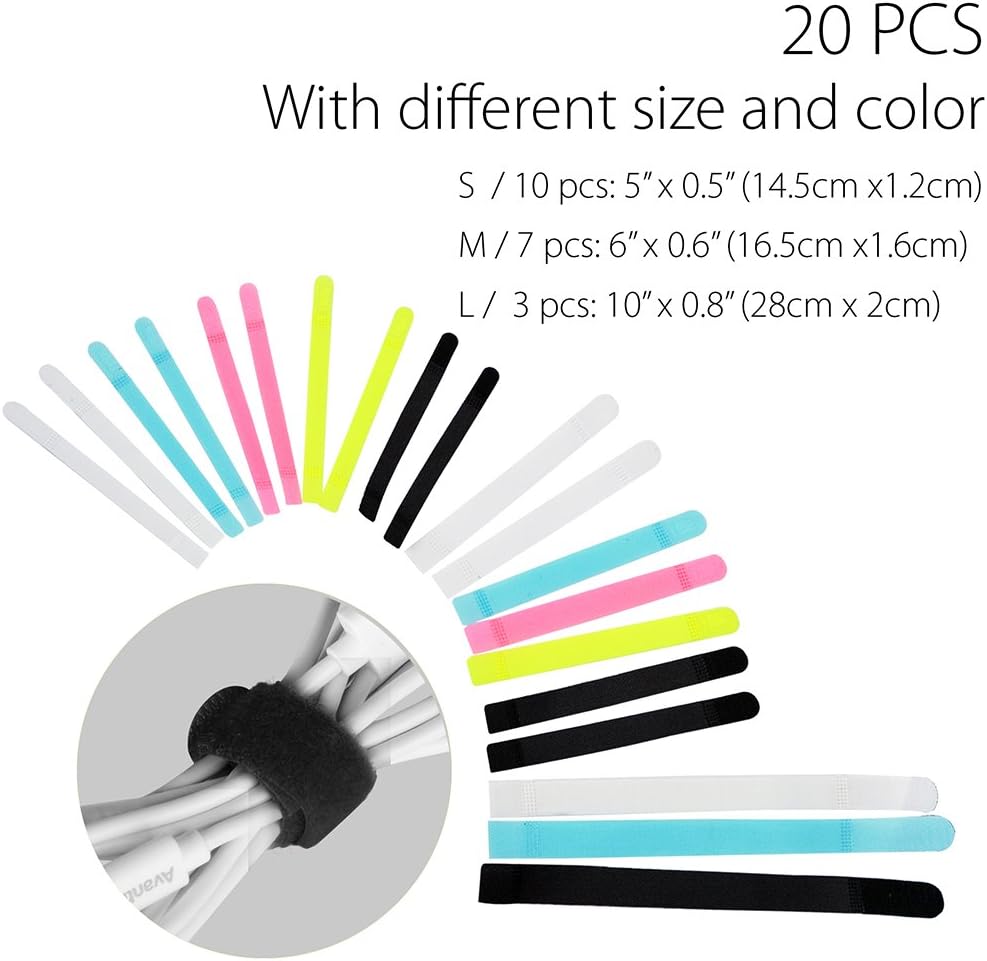 Avantree Pack of 20 Reusable Cord Organizer Keeper Holder, Fastening Cable Ties Straps for Earbud Headphones Phones Electronics Electrical Computer PC Wire Wrap Management, Assorted 3 Size and 5 Color