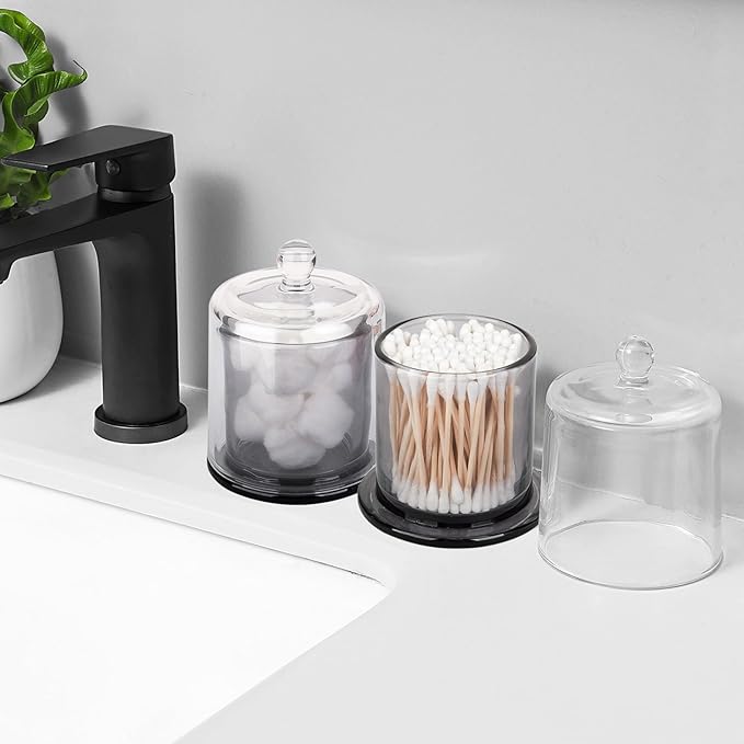 rejomiik 2 Pack Qtip Holder Thick Glass Apothecary Jars with Lid for Bathroom Accessories Vanity Organizers and Makeup Storage for Cotton Ball, Swabs, Makeup Sponges, Candy, Jewelry, Grey