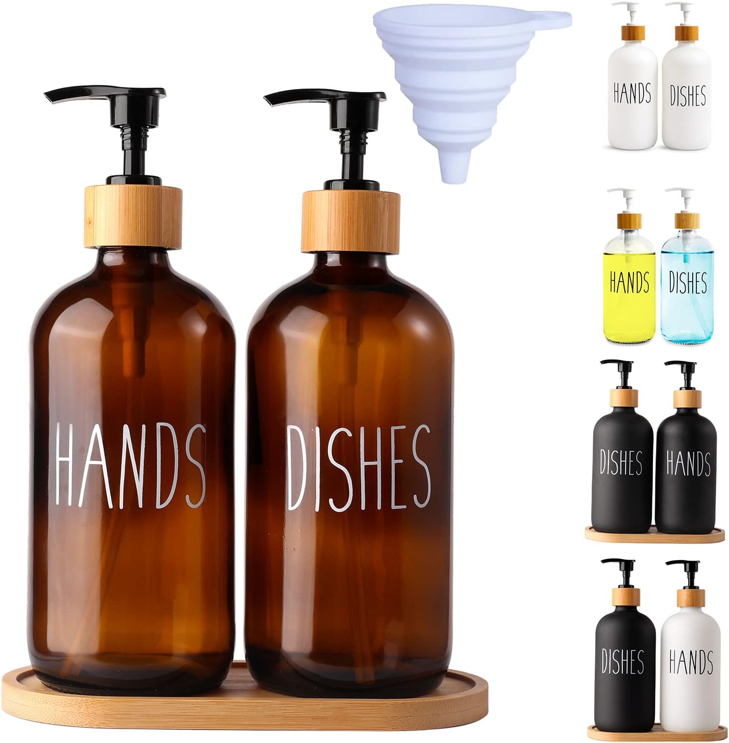 Amber Glass Soap Dispenser Set with Tray, Amber Dish and Hand Soap Dispenser Set, Refillable Reusable Apothecary Soap Pump Dispenser Bottles for Bathroom and Kitchen