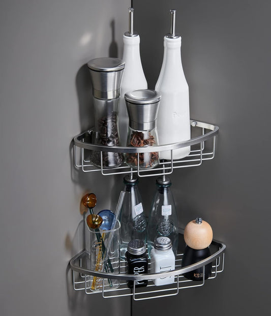 Corner Shower Caddy Organizer, SUS304 Stainless Steel Heavy Duty Rust-Proof Shelf Shampoo Holder, Wall Mounted Storage Rack for Bathroom Kitchen, 2 Packs Brushed Nickel