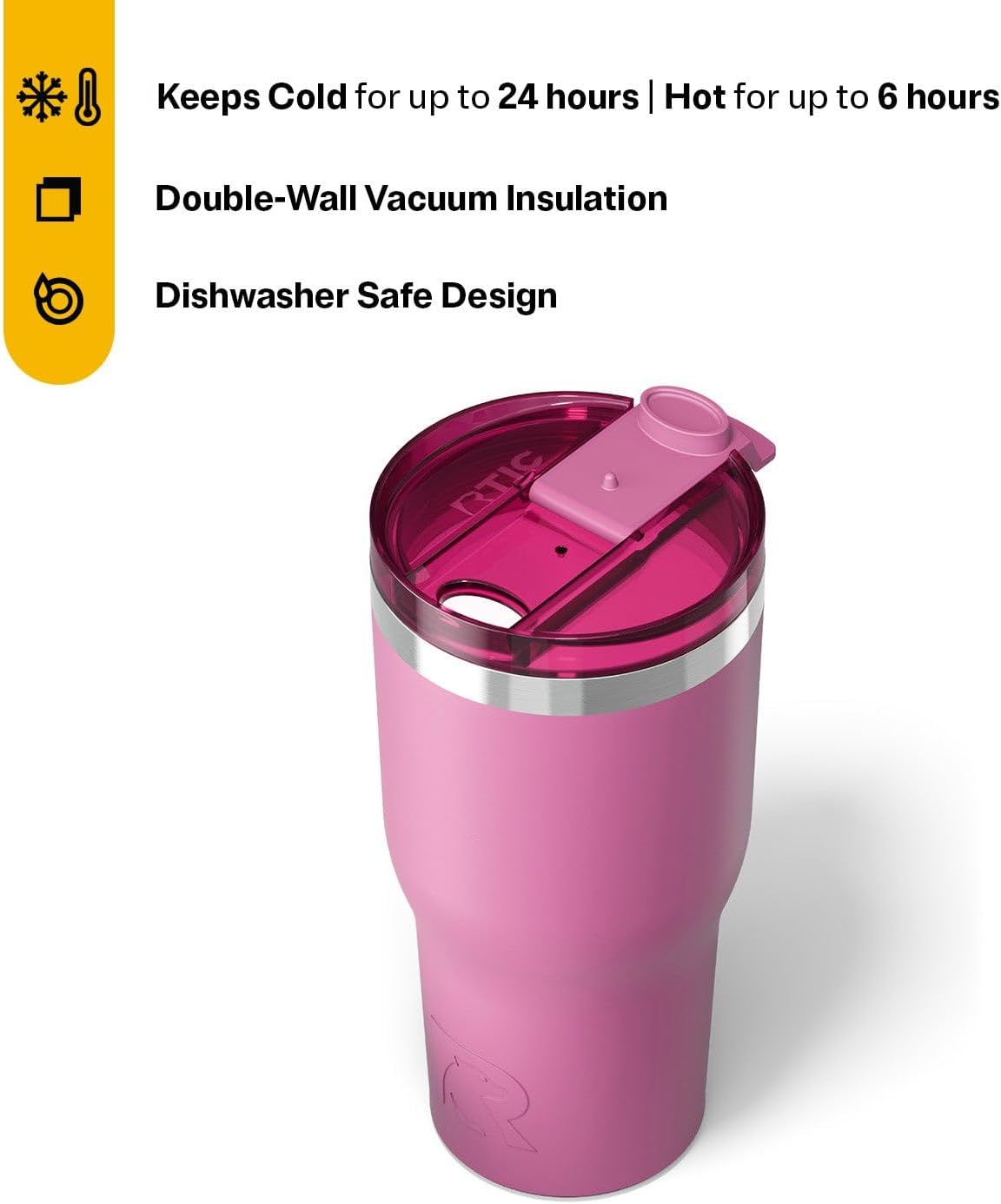 RTIC 30oz Essential Tumbler with Lid, Ceramic Lined, Insulated, Stainless Steel, Metal, Double Wall Vacuum-Insulation, Travel Cup for Iced Coffee, Tea, Hot and Cold Drink, Orchid