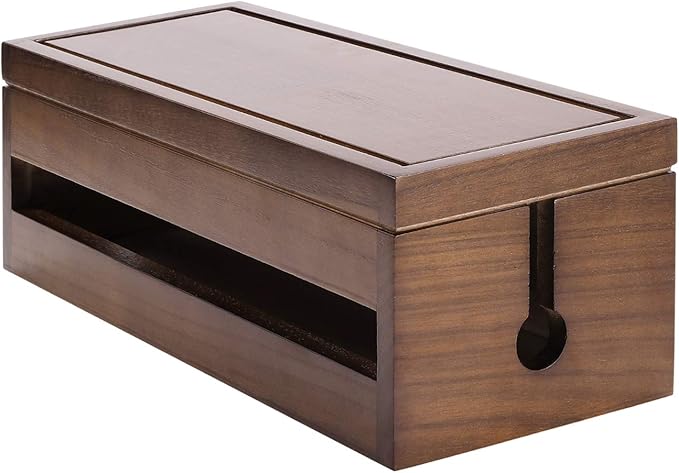 Changsuo Cable Management Box Wooden Cord Organizer Box for Extension Cord Power Stripe Surge Protector Wire Management Concealer Cover Hider for Desktop Home Office Kitchen (Brown)