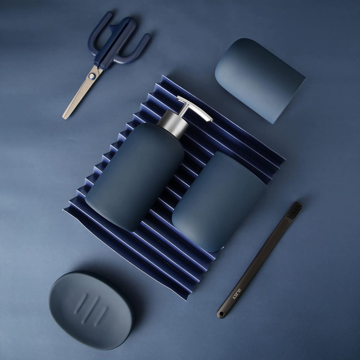 Hoomtaook Bathroom-Accessory Sets, 4 Pieces Ceramic, Including Soap Dispenser Pump, Tumbler, Soap Dish(Blue)