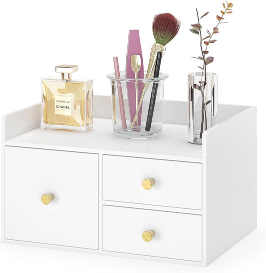 Bamboo Desk Organizer with Drawers Wooden Desktop Storage Drawers for Bills Office Supplies Kitchen Utensils Organizing Tool for Home Classroom Organization No Assembly (3 Drawer, White)