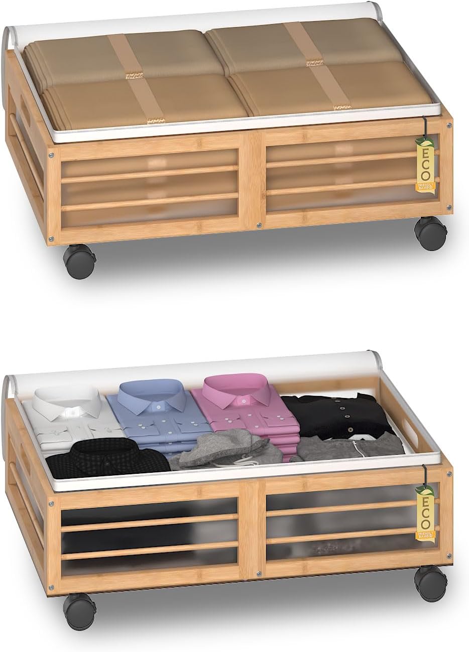 Under Bed Storage Containers with Wheels, Larger Bamboo Wood Under Furniture Storage Containers with Dust Bags，Rolling for Shoes Clothes
