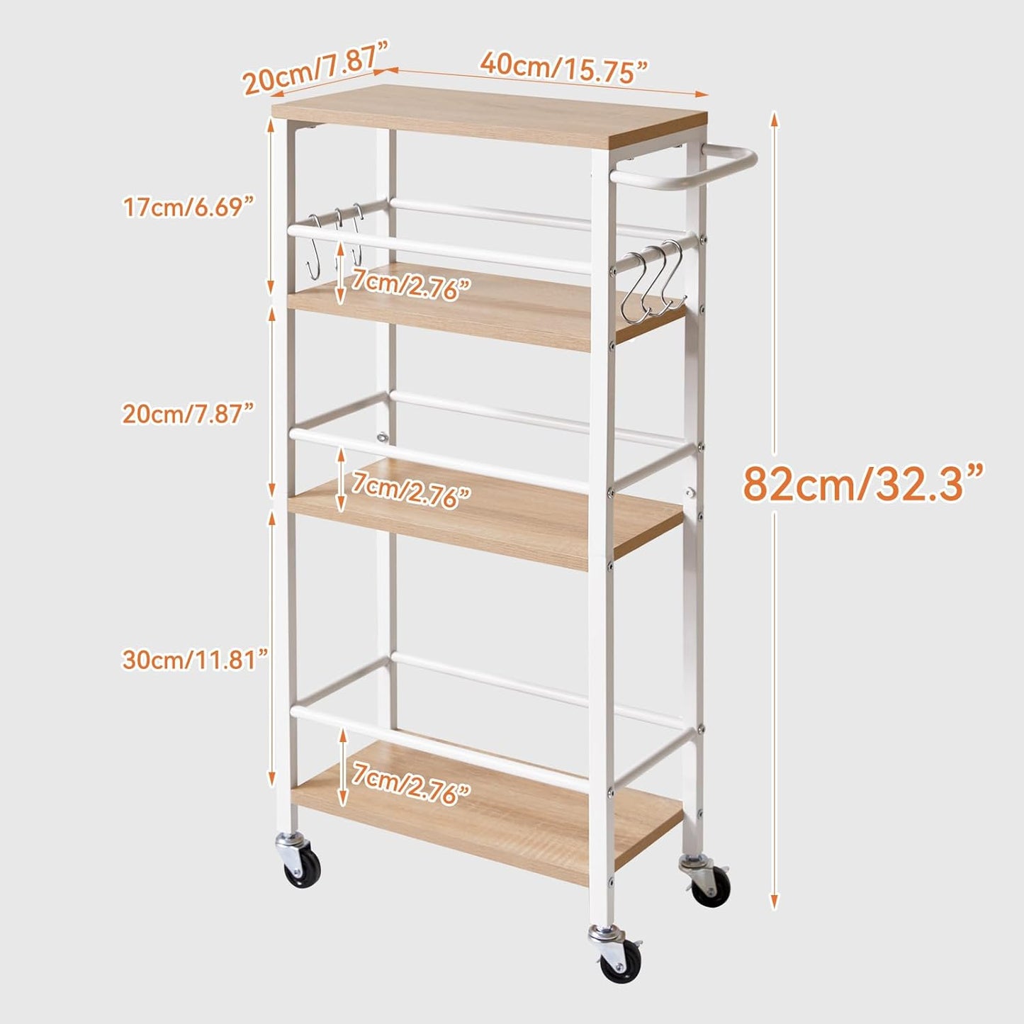 IBUYKE 7.8" Slim Rolling Cart,4 Tier Metal Kitchen Laundry Storage Cart,Industrial Narrow Utility cart,Trolley with Handle and Wooden Tabletop,for Kitchen, Living Room,Bathroom,Natural UTMJ065R