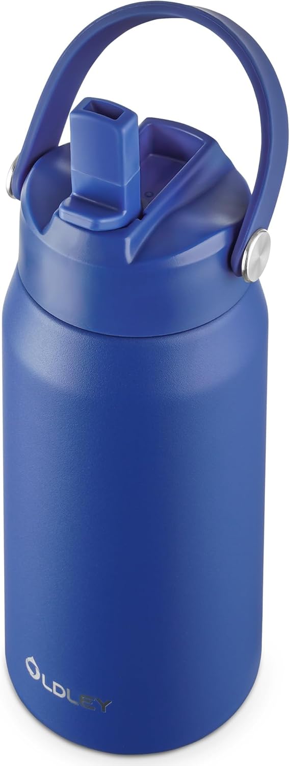 OLDLEY kids Water Bottle - 18oz Insulated Stainless Steel - Wide Straw Lid, Non Spill, Leakproof, Kids Water Bottle for School,Blue