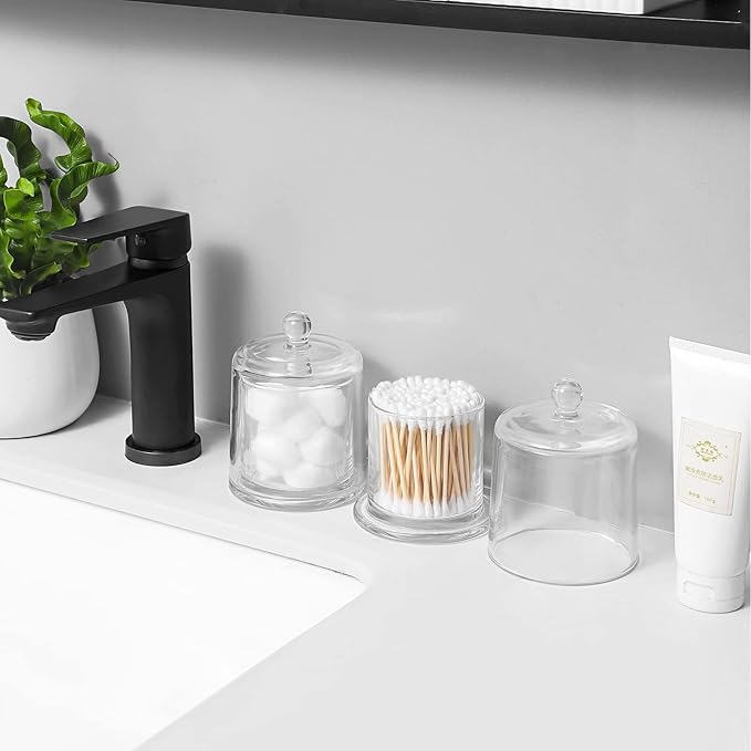 rejomiik 2 Pack Qtip Holder Thick Glass Apothecary Jars with Lid for Bathroom Accessories Vanity Organizers and Makeup Storage for Cotton Ball, Swabs, Makeup Sponges, Candy, Jewelry, Clear