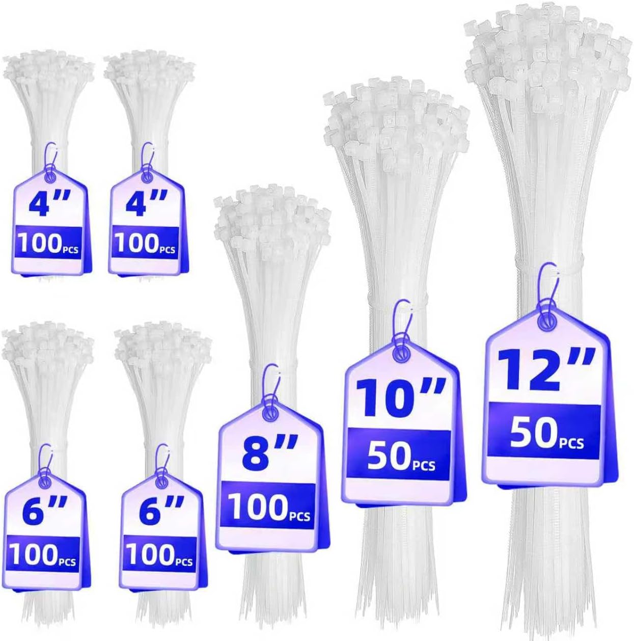 Cable Zip Ties,600 Piece Self-Locking Nylon CableTies,Assorted Sizes 4+6+8+10+12-Inch,Multi-Purpose Wire Management Plastic Ties,Perfect for Home,Garden,Office,Travel and Workshop.White