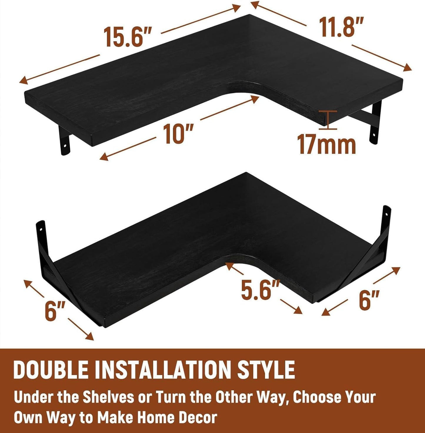 LEOPO Corner Floating Shelves Wall Mounted Set of 6, Corner Wall Shelves Rustic Wood Storage Display for Home Decor, Bedroom, Living Room, Kitchen, Office, Bathroom, Laundry Room, Black