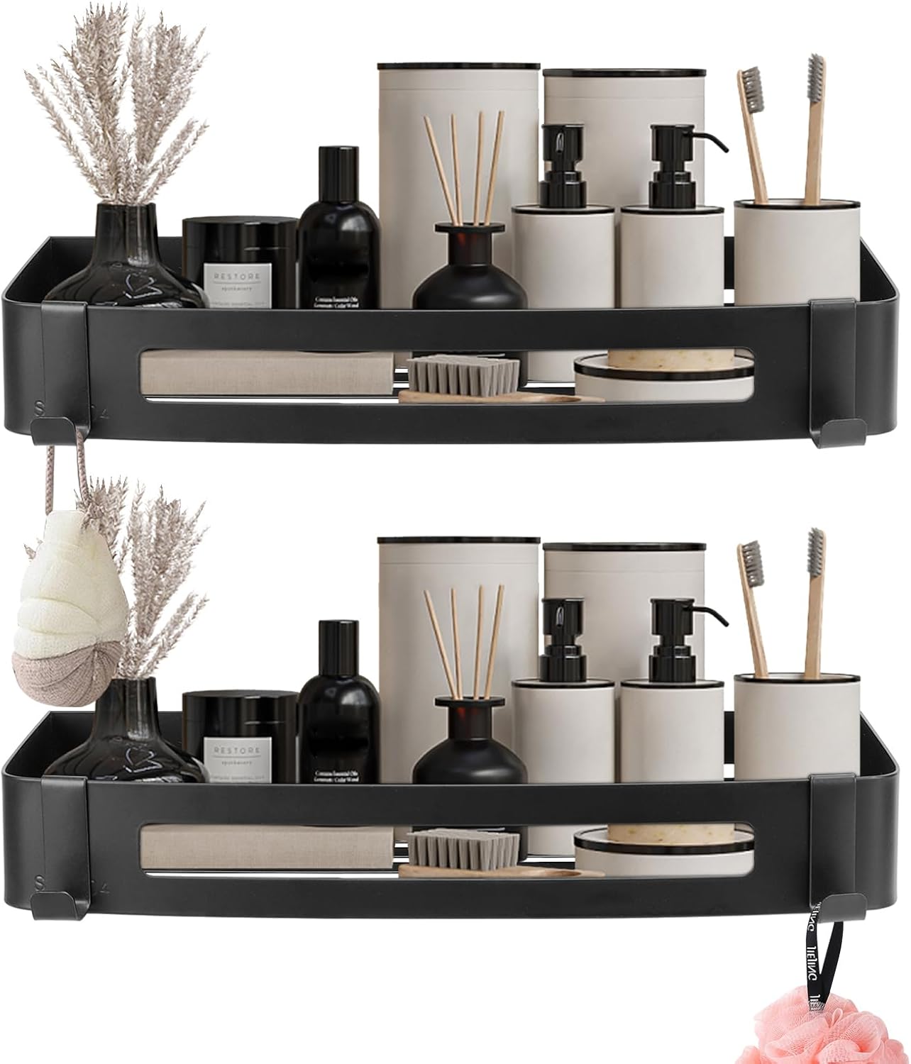 NearMoon Bathroom Shower Caddy 2 Pack, No Drill 304 Stainless Steel Shower Organizer with 2 Hooks (Shower Shelf, Matte Black)