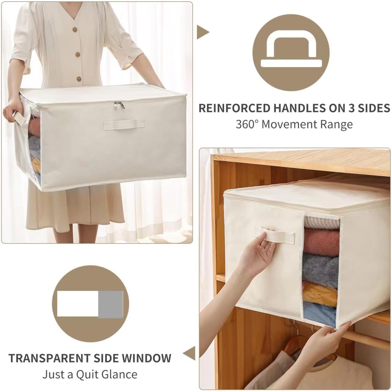 Canvas Comforters Bags Closet Organizers and Storage for Quilts Clothes Organization Containers Bins with Sturdy Zipper, Clear Window 75L for Sweaters Blankets Storage Bedroom Collapsible 6Pack