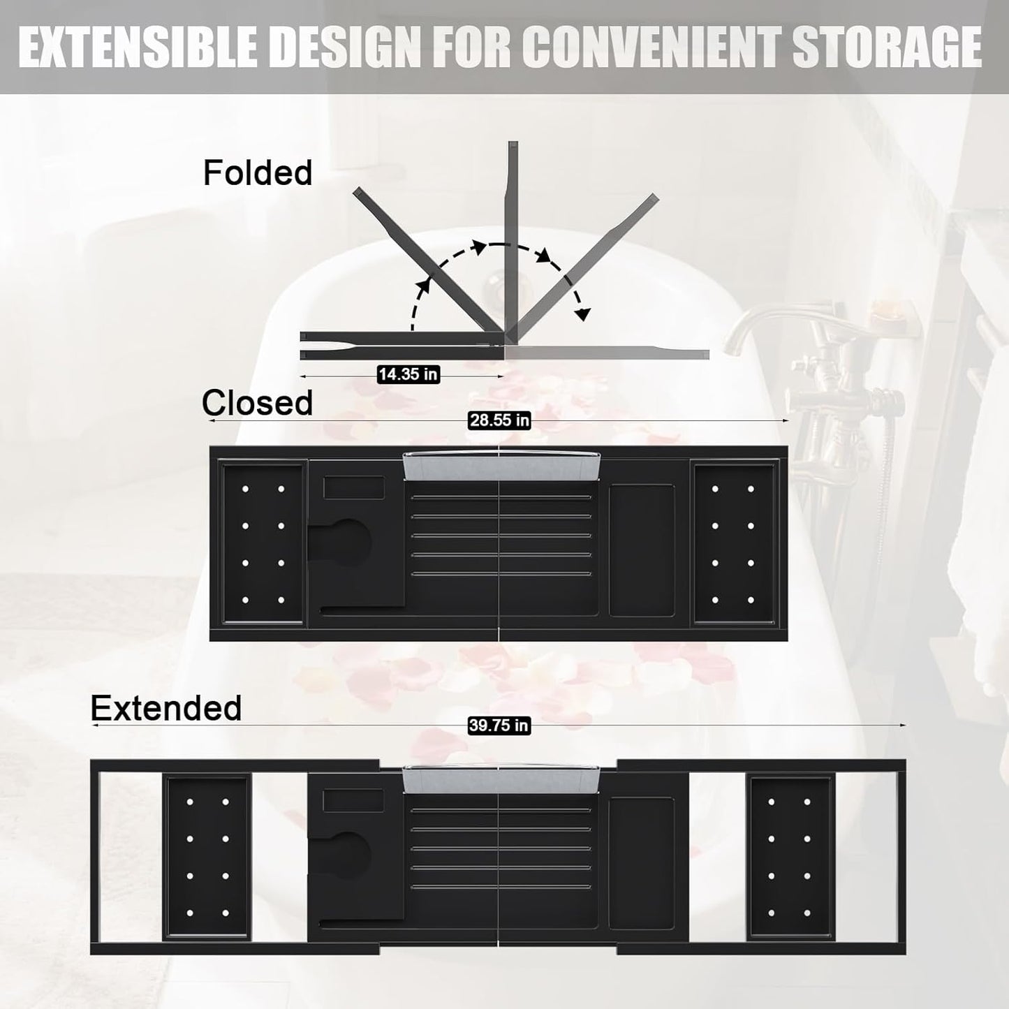 Bathtub Tray Caddy, Expandable Bath Trays for Tub, Bamboo Shelf & Table with Wine Glass Holder,Bathroom Accessories for New Home & Mothers Day & Birthday Gifts for Mom,Black