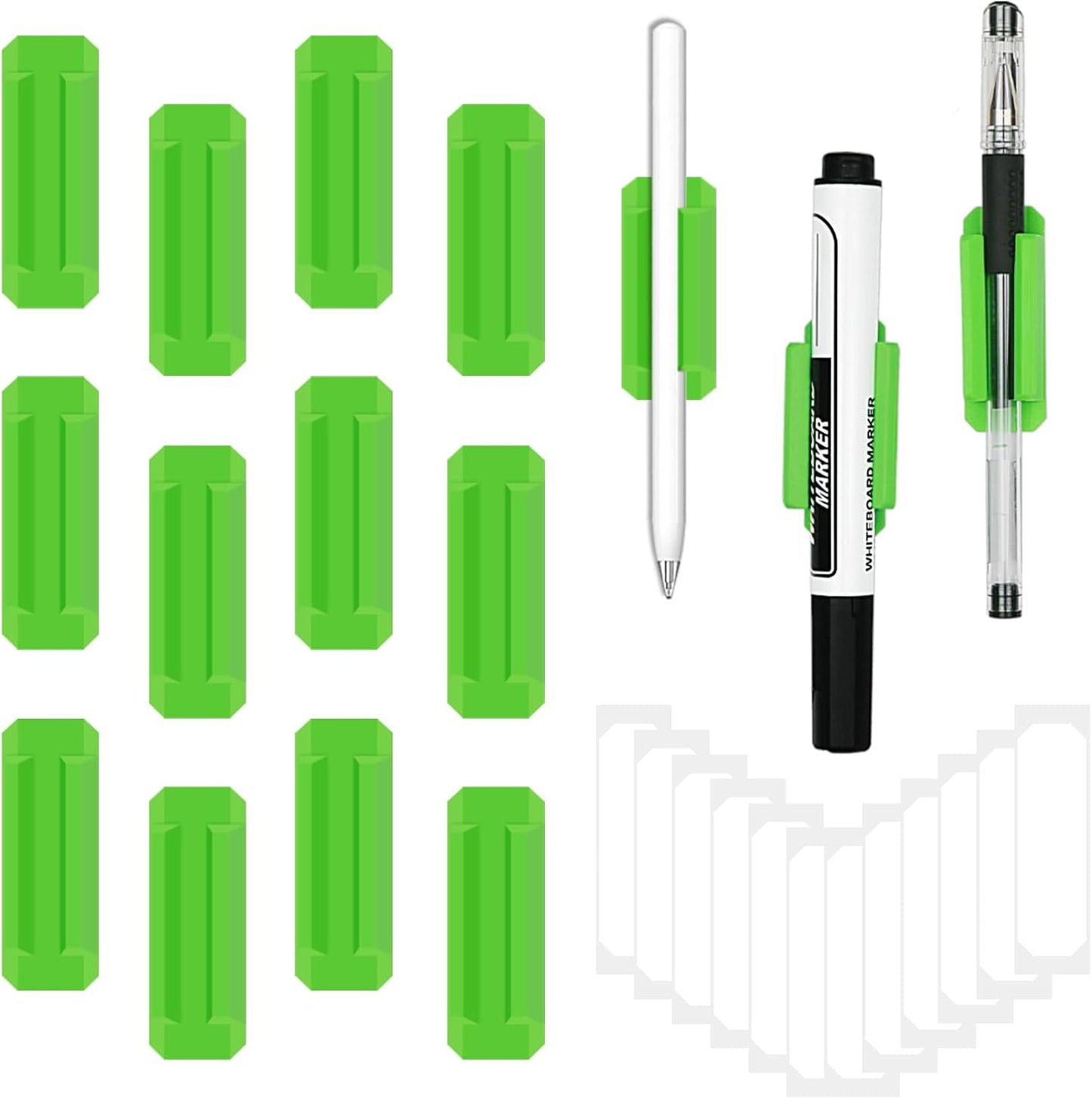 12 Pack Pen Holder for Desk, Silicone Pencil Holder with 12 Extra Adhesive Stickers, Adhesive Pen Holder & Marker Clip for Classroom Office Desk or Any Surface, Teacher Accessories Supplies (Green)