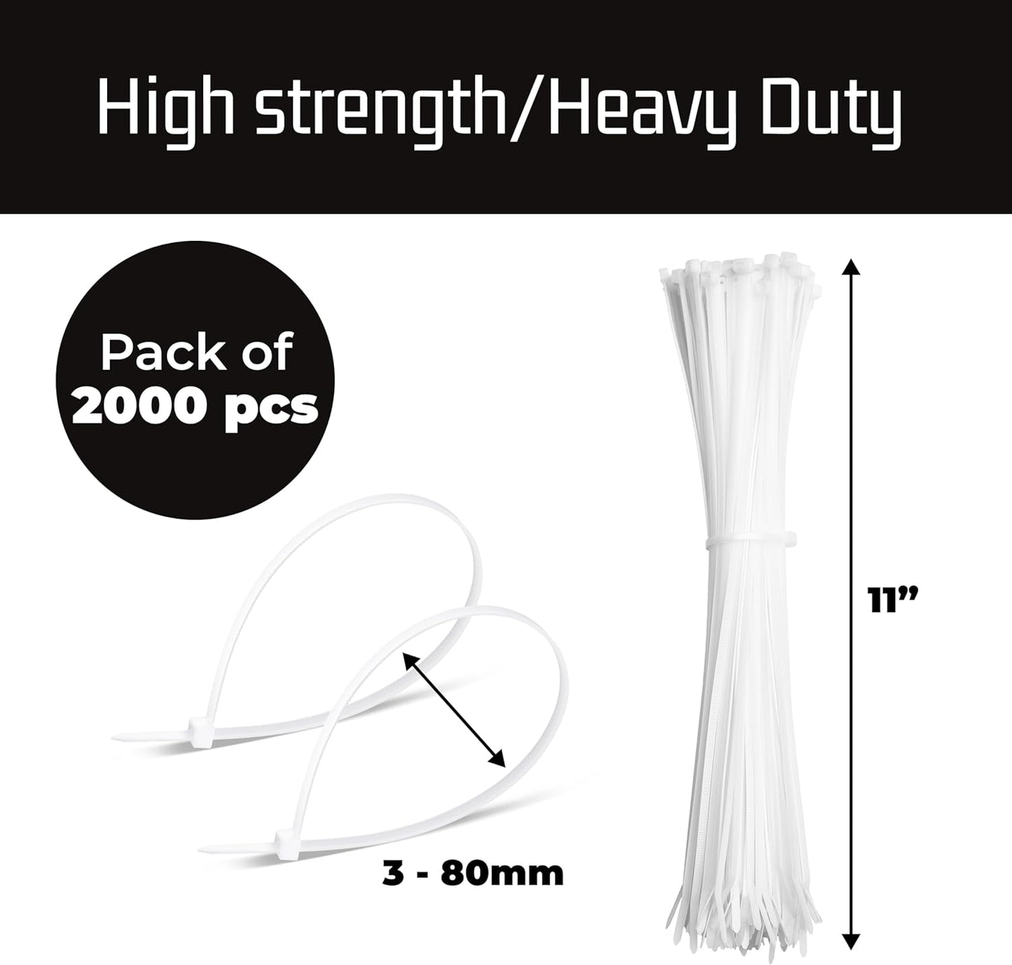 Bolt Dropper White Zip Ties - 50 lbs Tensile Strength - Self-Locking Premium Nylon Cable Ties Wraps for Indoor and Outdoor - Wire Management and Secure Items - Zip Ties Heavy Duty - 11" - 2000 Pack