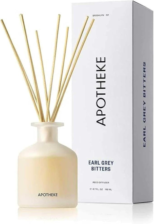 Apotheke Luxury Scented Reed Diffuser for Home, Earl Grey Bitters - 6.7 Fl Oz Essential Oil Aromatherapy - 10 Rattan Scent Sticks Room Diffuser - Long-Lasting Fragrance for Bedroom, Home, Bathroom