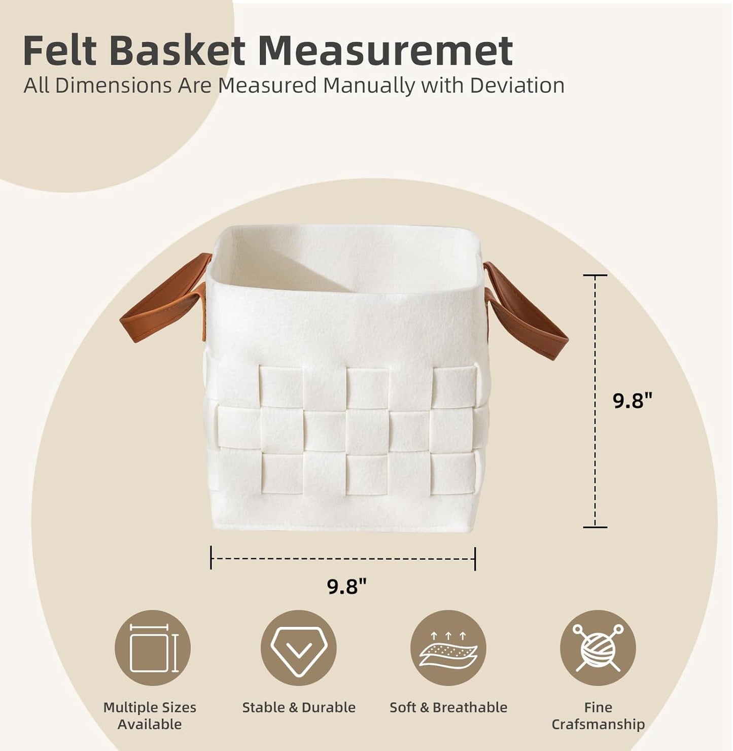 Bold monkey Storage Basket 3 Pack, Medium 10" x10" x10 " Baskets for Shelves with Leather Handle, Cube Felt Fabric Storage Box for Bedroom, Nursery, Living Room - Beige