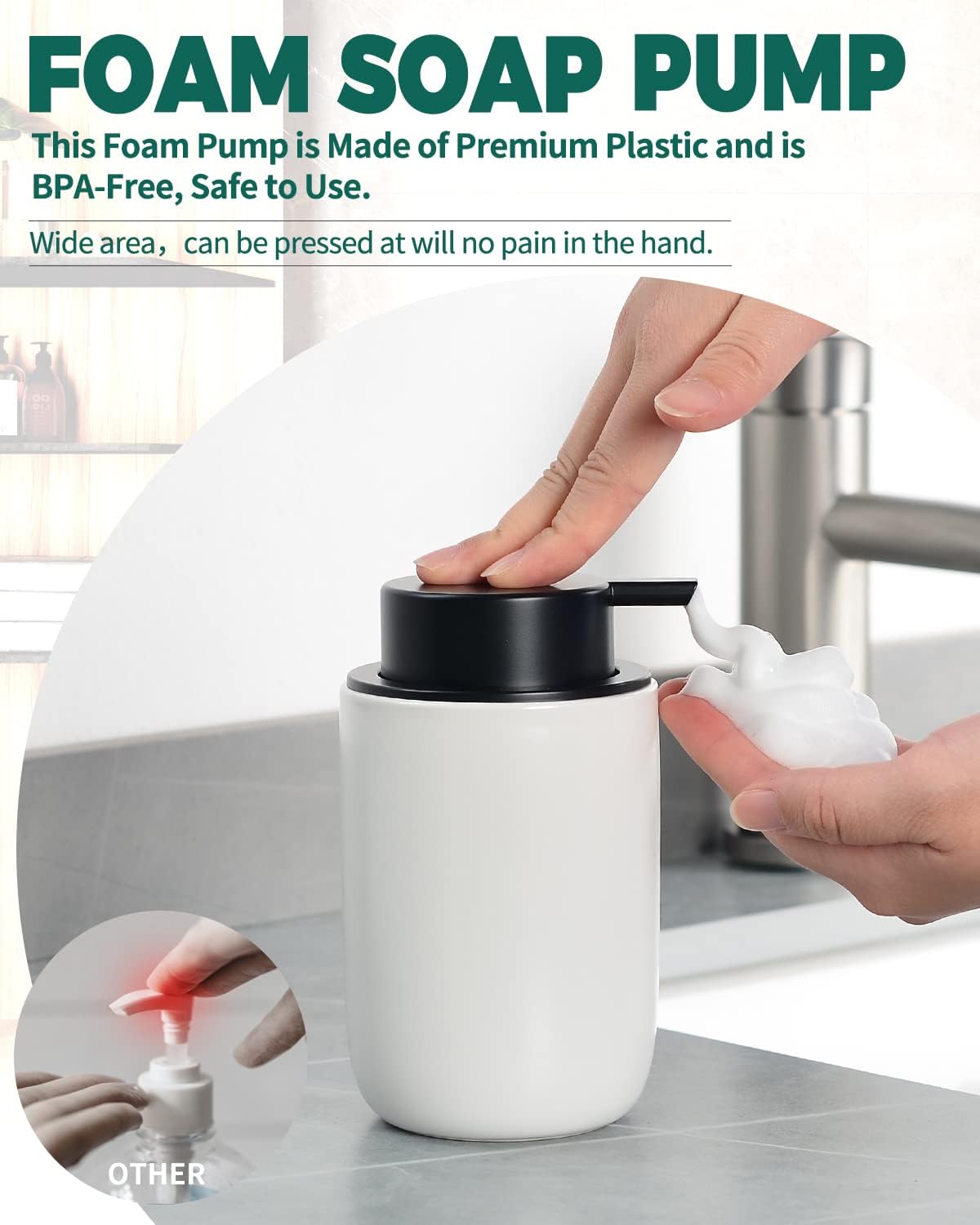 BosilunLife Foaming Soap Dispenser - Ceramic White Soap Dispenser Bathroom Small Foam Hand Dispenser Refillable Kitchen Dish Soap Bottle Hand Wash Dispenser