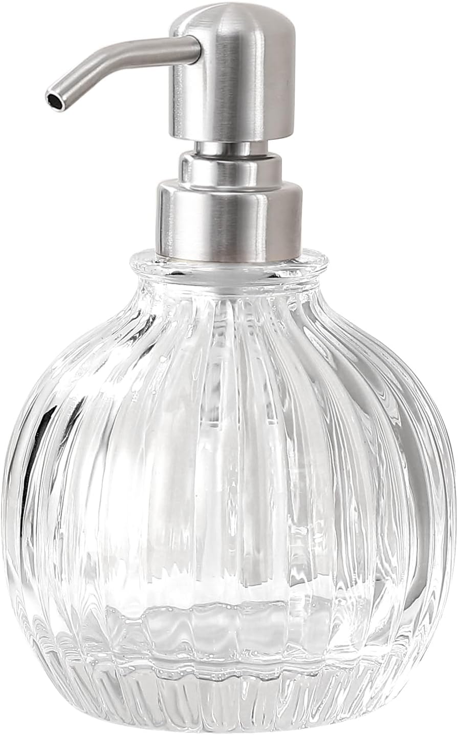 Round Bathroom Soap Dispenser Brushed Nickel Pump, Glass Bottle with Stainless Steel Pump Liquid Soap Dispenser Sphere Countertop Hand Kitchen