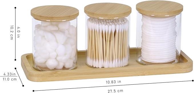 Qtip Holder with Vanity Tray, 3 Pack Glass Apothecary Jars with Lids, Bathroom Accessories Canisters Organizers Jars Containers for Cotton Ball Round Swab Pad Hair Ties Floss Perfume Jewelry
