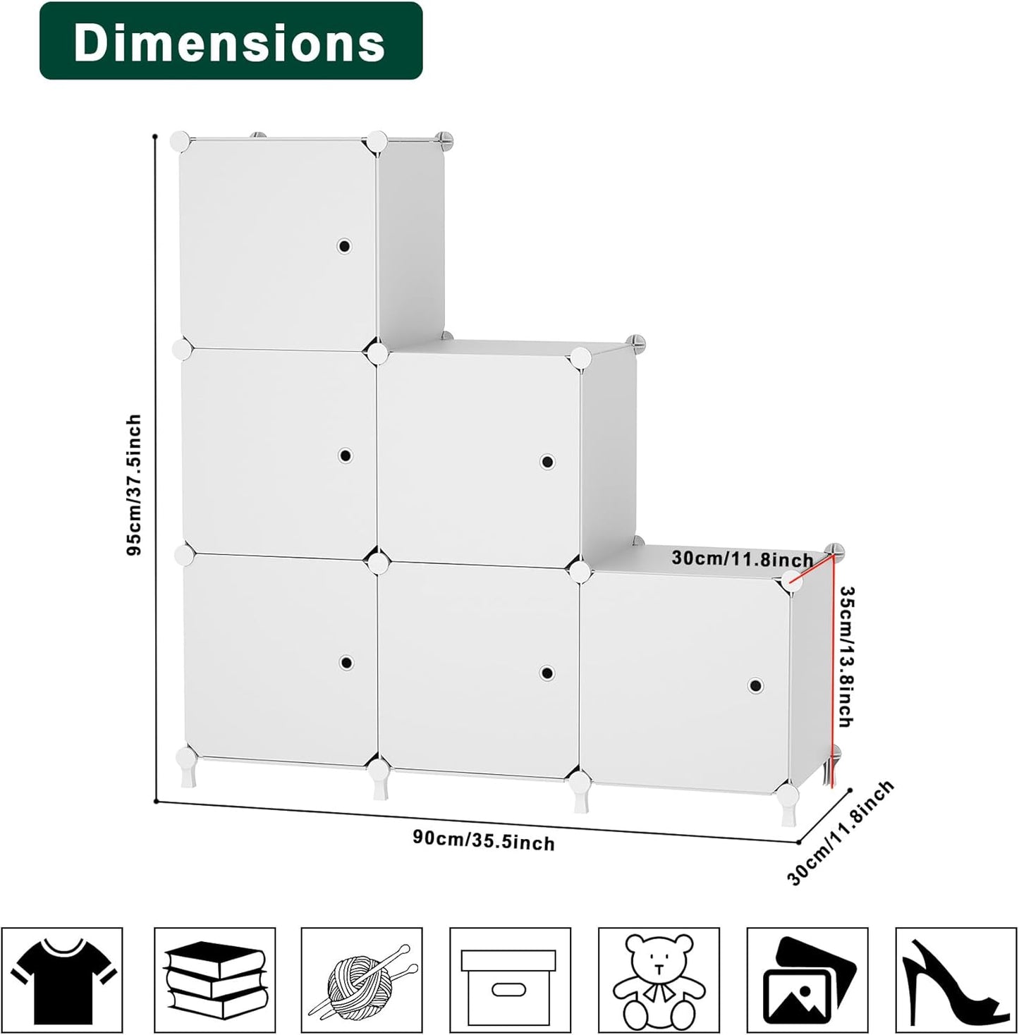 Cube Storage Organizer, 6-Cube Shelves Unit with Doors, DIY Stackable Plastic Clothes Organizer for Bedroom and Under Stairs Storage Unit, Each Compartment 30 x 30 x 30 cm White ATTSL6002