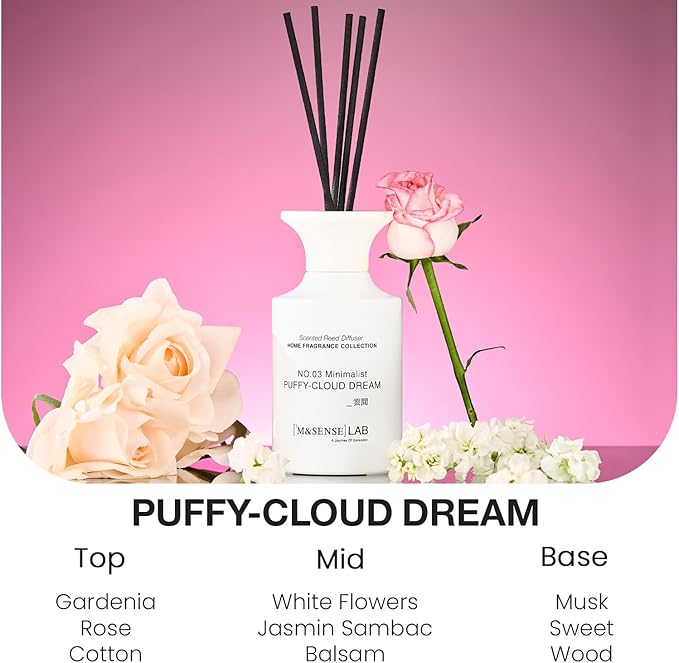 M&SENSE Minimalist Large Reed Diffuser 300ml, Rose & Jasmine Scented with Natural Essential Oils, Long Lasting with 7 Sticks, Non-Toxic Home Fragrance for Bedroom, Bathroom Decor