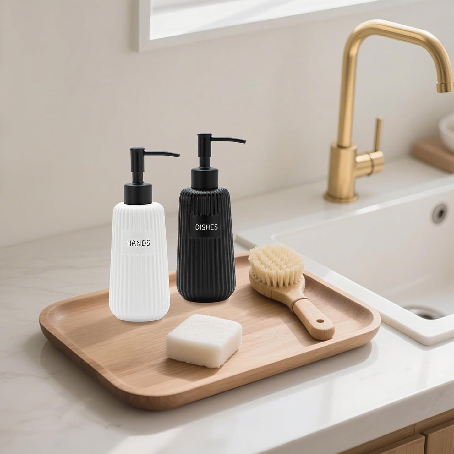 Kitchen Soap Dispenser Set with Stainless Steel Pump and Funnel, Modern Ceramic Refillable Hand and Dish Soap Dispenser Set for Kitchen, Bathroom, Office, Hotel, Matte Black and White