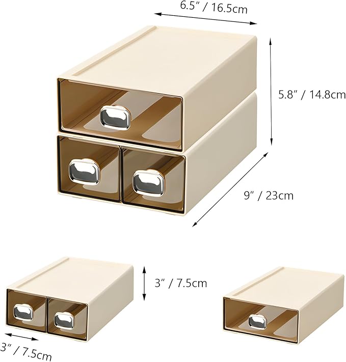 Spacious Desk Drawers, Stackable Desktop Organizer, Plastic Storage Box for Office, School & Home Supplies (1 Middle & 2 Small Drawers, Cream)