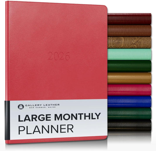 Gallery Leather Large Monthly Planner 2025-2026, Elegantly Bound Calendar Planner and Notebook with Stylish Gold-Gilded Page Edges, 18 Months - Caribbean Red - 9.75x7.5"