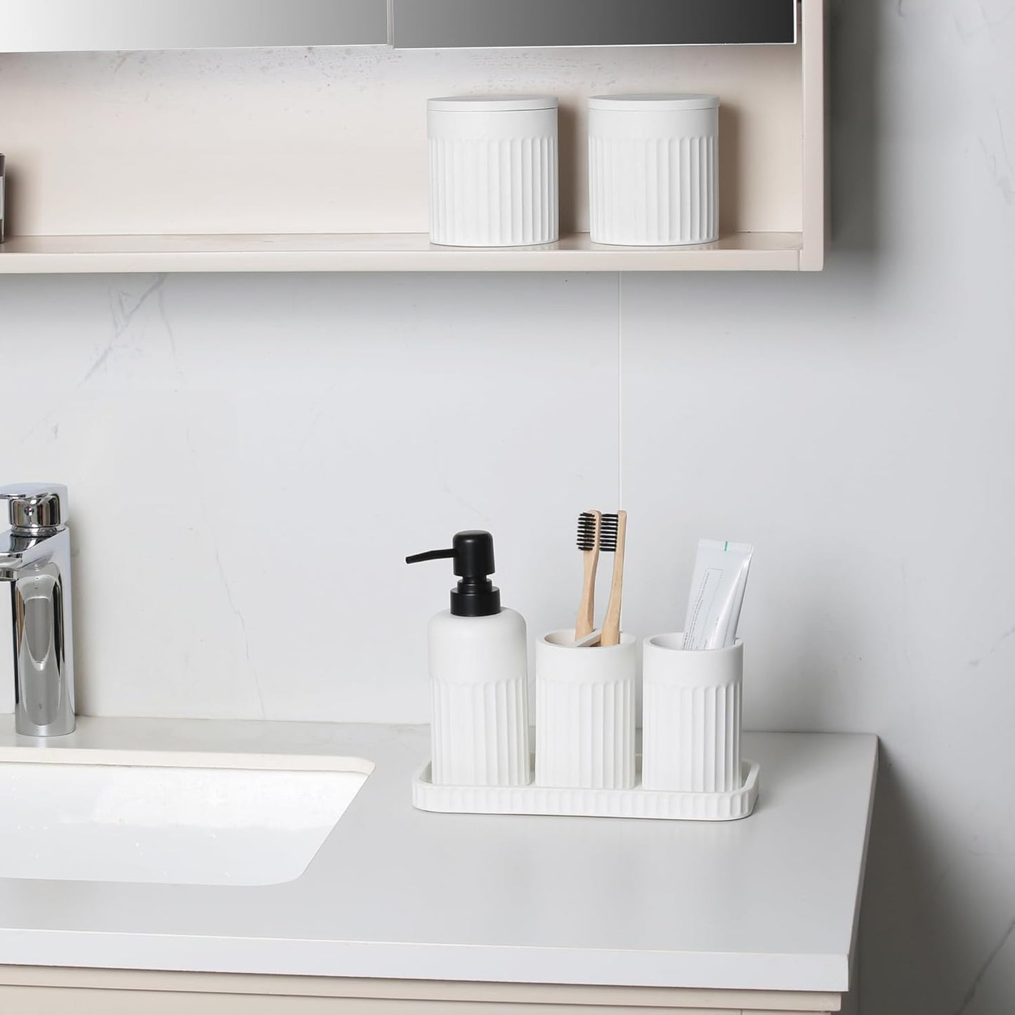 Bathroom Accessory Set - 6 Pieces Bathroom Accessories Set Complete with Soap Dispenser, Toothbrush Holders, Tumbler, Vanity Tray and 2 Qtip Holder for Home Organizer and Decor, White