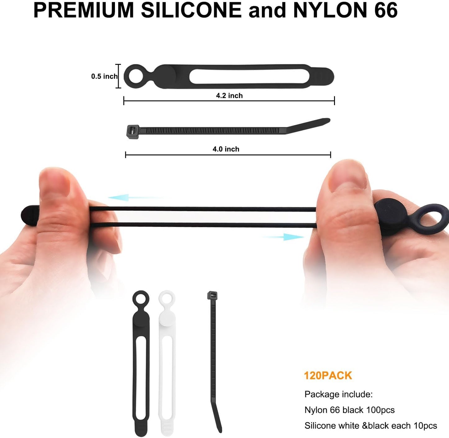 120 Pcs Cable Organizer Set, 20pcs Silicone Cable Ties Reusable & Nylon Cable Ties 100pcs, Multipurpose Elastic Cord Management Organizer for Charger, USB, Phone, Data Cables - Black and White